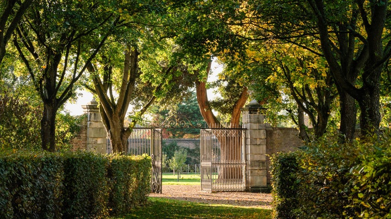 View from the Wilderness towards the gates into the Kitchen Garden at Ham House, Surrey with trees and brick walls beyond